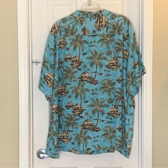 Caribbean Hawaiian Aloha Teal Blue Tiki Hut Button Down Silk Shirt Size 4XB - Picture 2 of 12